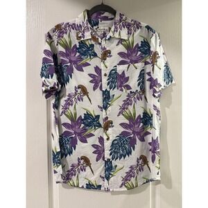 Oliver & Burke Mens Tropical Parrot Floral Button Down Shirt White Purple Size M
